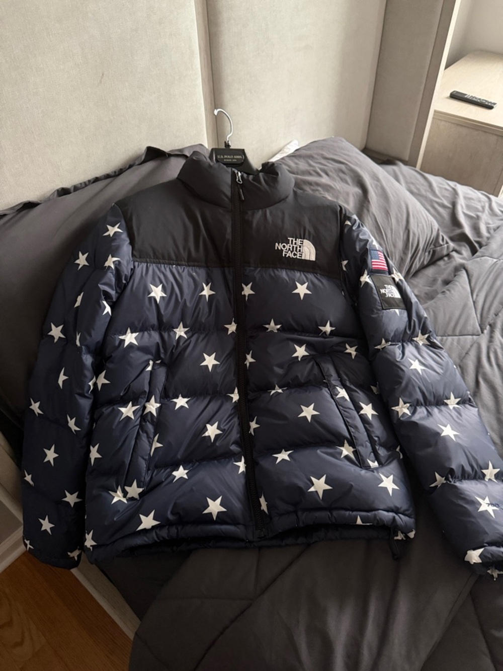 The North Face Navy Star-Print Puffer Jacket with Black Yoke